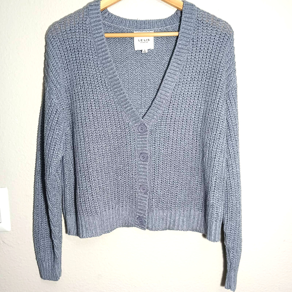 LELIS Knitted V-Neck Button Down Long Sleeve Light Purple Siz S Cardigan Sweater